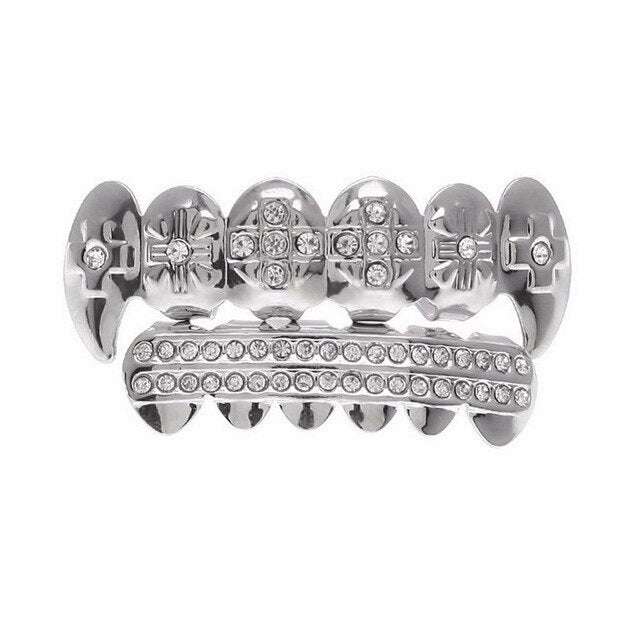 Diamond Fangs Silver Grillz [Top And Bottom] Rhino Grillz