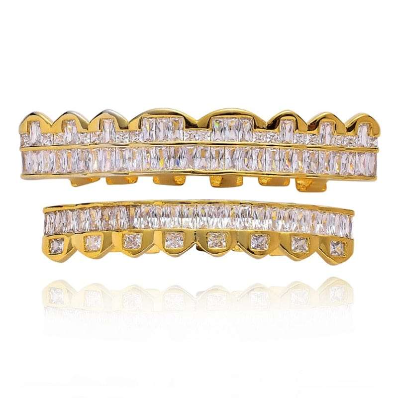 [Top And Bottom] Diamond Bar Grillz Gold Rhino Grillz