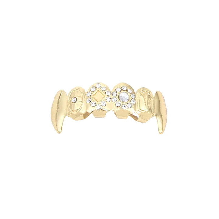Gold Top Iced Out Fangs With Bottom Half Fang Grillz