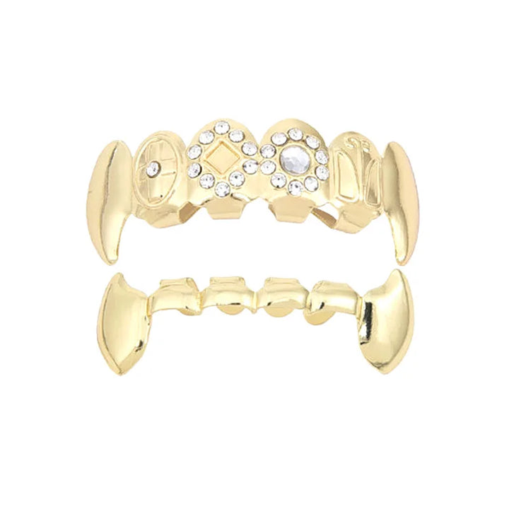 Gold Top Iced Out Fangs With Bottom Half Fang Grillz