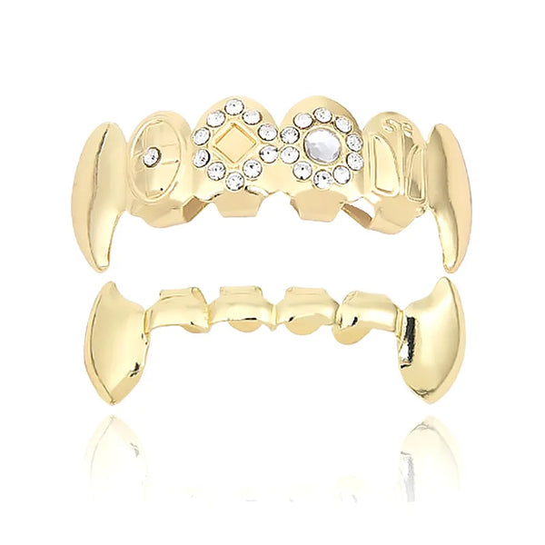 Gold Top Iced Out Fangs With Bottom Half Fang Grillz