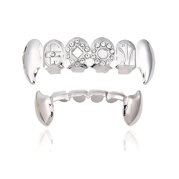 Silver Top Iced Out Fangs With Bottom Half Fang Grillz