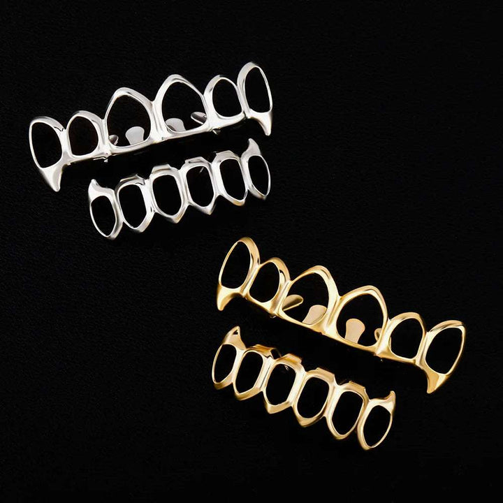 [Top and Bottom] Full 6/6 Silver Open Face Fang Grillz