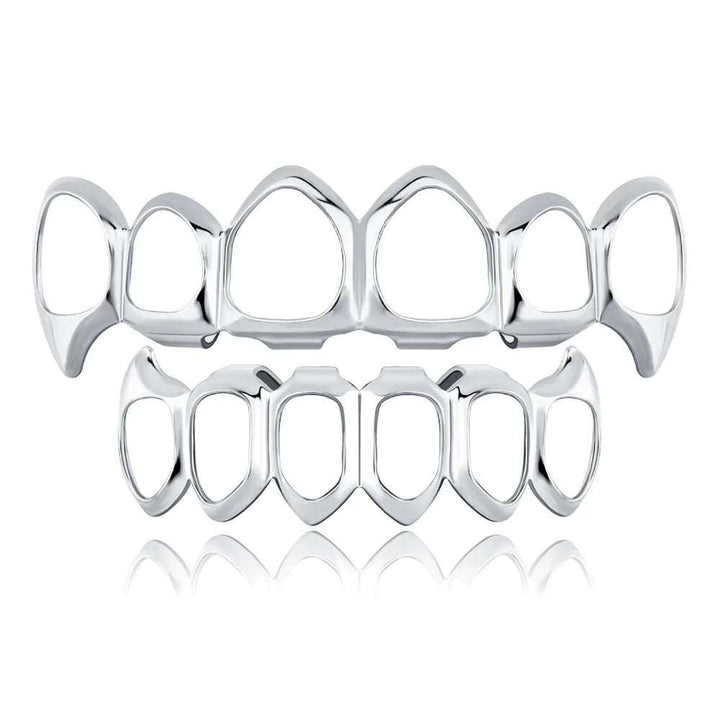 [Top and Bottom] Full 6/6 Silver Open Face Fang Grillz