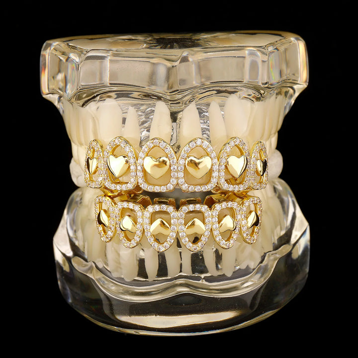 [Top and Bottom] Gold Icedout Open face Grillz – Rhino Grillz