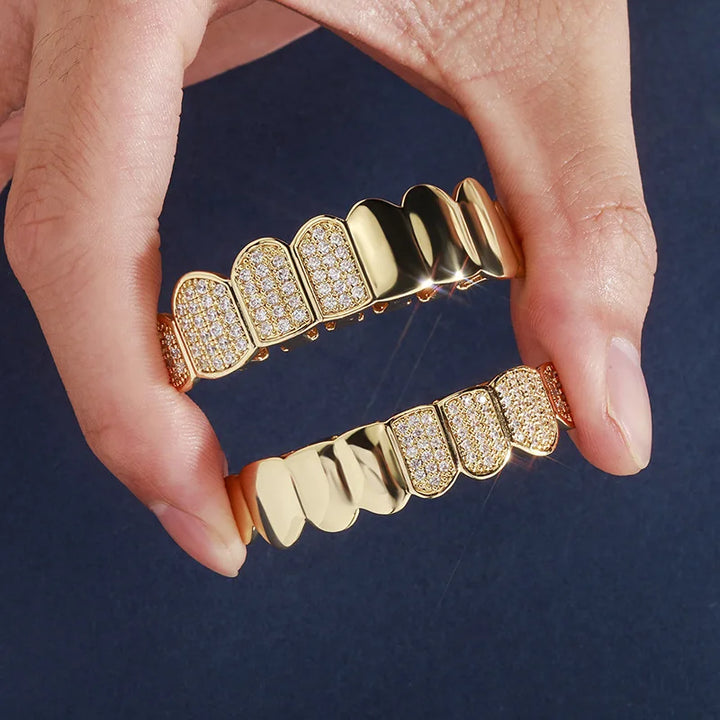 [Top and Bottom] Gold Two Tone Smooth and Iceout Grillz