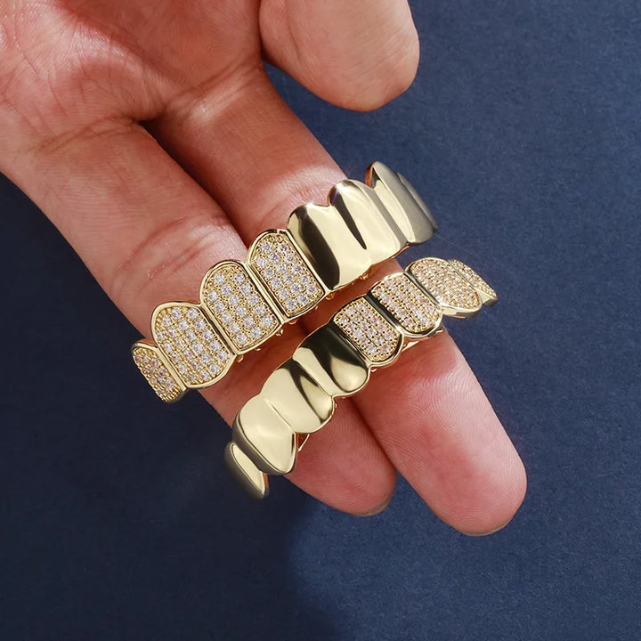 [Top and Bottom] Gold Two Tone Smooth and Iceout Grillz