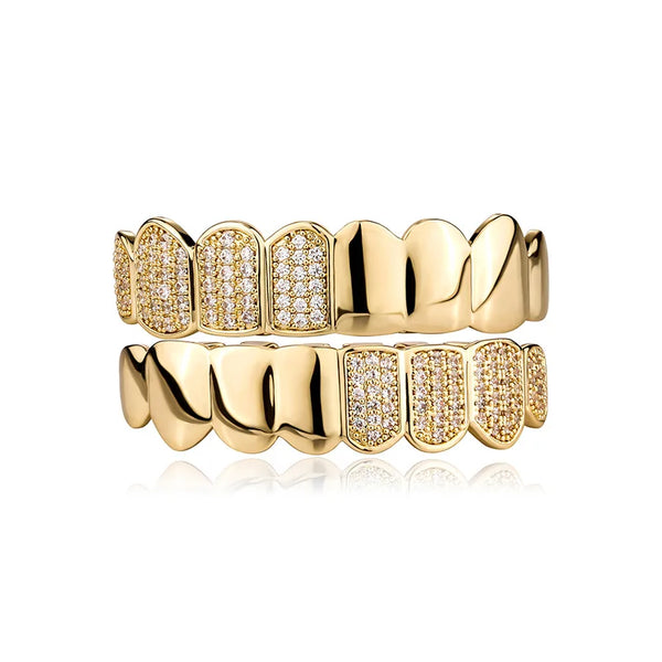 [Top and Bottom] Gold Two Tone Smooth and Iceout Grillz