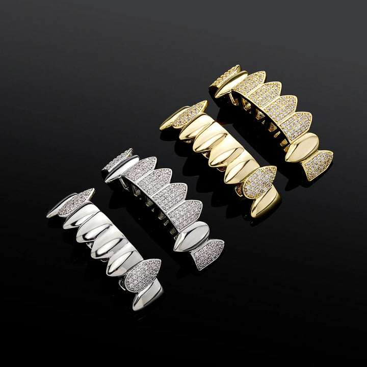 [Top and Bottom] Silver Deep Cut Iced Out Fang Grillz