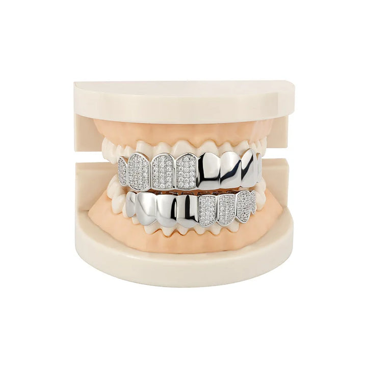 [Top and Bottom] Silver Two Tone Smooth and Iceout Grillz