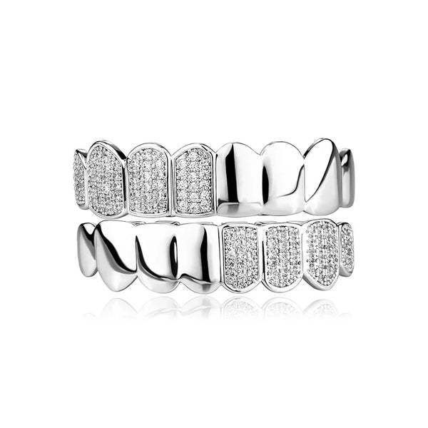 [Top and Bottom] Silver Two Tone Smooth and Iceout Grillz