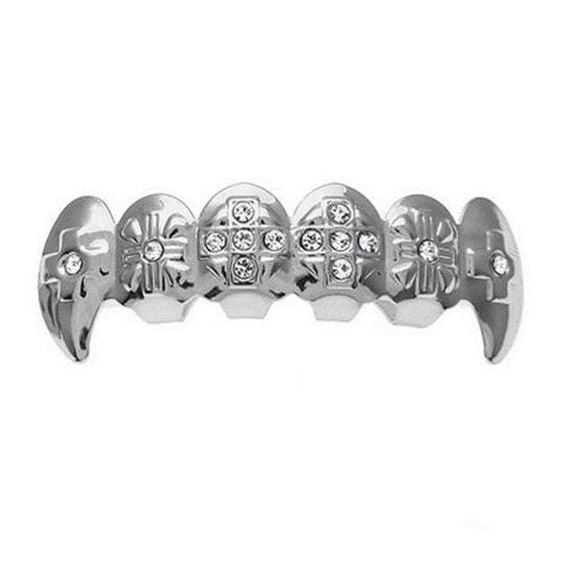 Diamond Fangs Silver Grillz [Top And Bottom]
