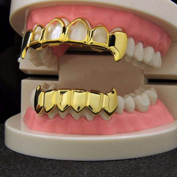 Gold Bottom Fang And Top Gold Open Face Vampire Grillz