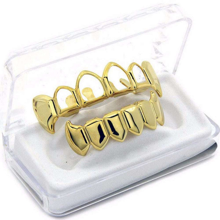 Gold Bottom Fang And Top Gold Open Face Vampire Grillz