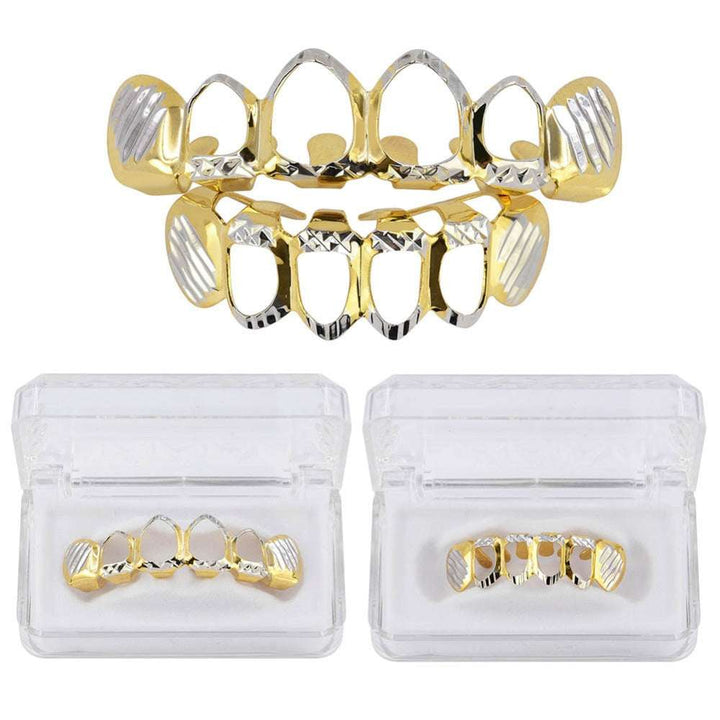 Open Face Silver-Gold Grillz With Diamond Cuts