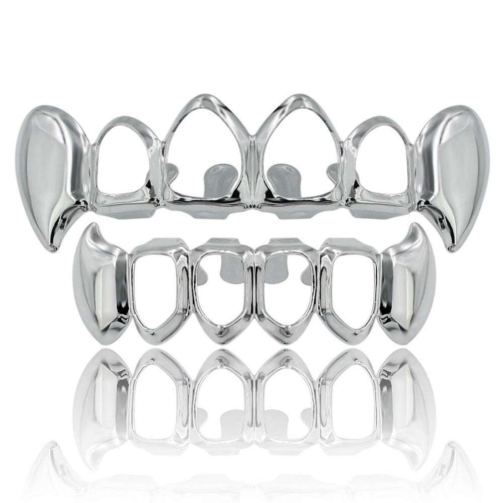 Silver Open Face Grillz Fangs [Top And Bottom] Rhino Grillz