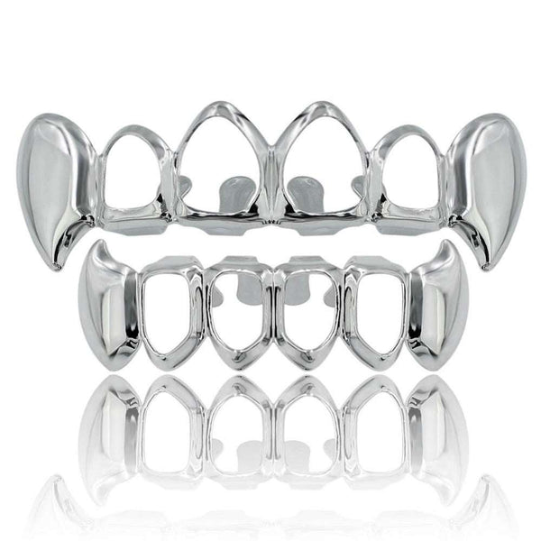 Silver Open Face Grillz Fangs [Top And Bottom]